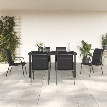 Set mobilier de grădină, 7 piese, negru, oțel și textilenă