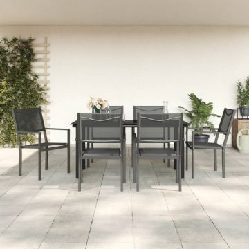 Set mobilier de grădină, 7 piese, negru, oțel și textilenă