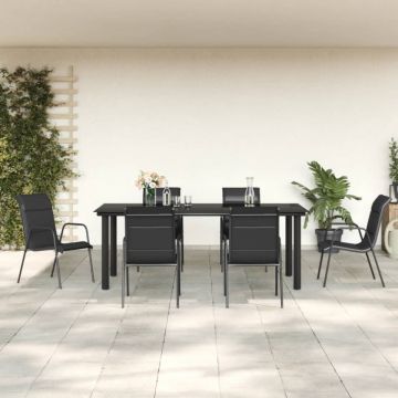 Set mobilier de grădină, 7 piese, negru, oțel și textilenă