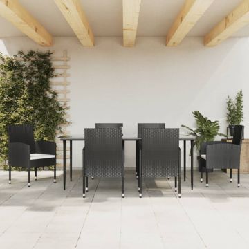 Set mobilier de grădină, 7 piese, negru, poliratan și oțel