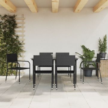Set mobilier de grădină, 7 piese, negru, poliratan și oțel