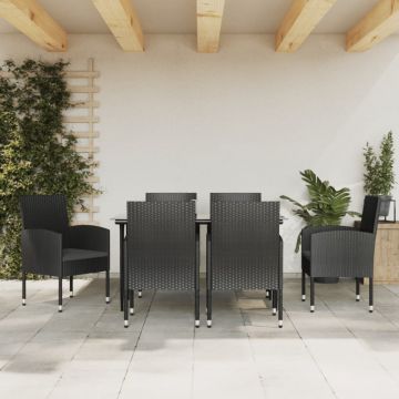 Set mobilier de grădină, 7 piese, negru, poliratan și oțel