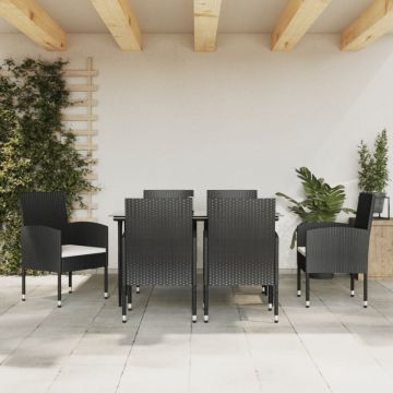 Set mobilier de grădină, 7 piese, negru, poliratan și oțel