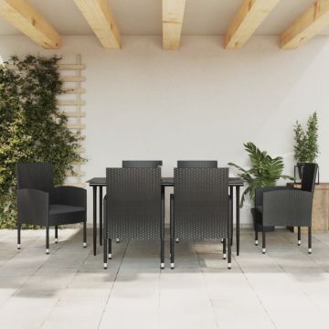 Set mobilier de grădină, 7 piese, negru, poliratan și oțel