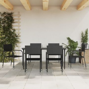 Set mobilier de grădină, 7 piese, negru, poliratan și oțel