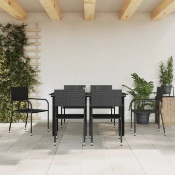 Set mobilier de grădină, 7 piese, negru, poliratan și oțel