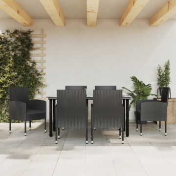 Set mobilier de grădină, 7 piese, negru, poliratan și oțel