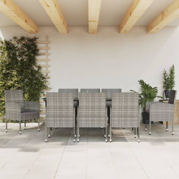 Set mobilier de grădină, 9 piese, gri&negru, poliratan și oțel