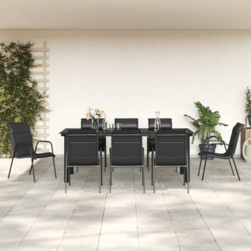 Set mobilier de grădină, 9 piese, negru, oțel și textilenă