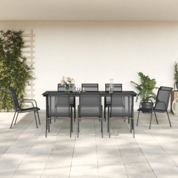 Set mobilier de grădină, 9 piese, negru, oțel și textilenă