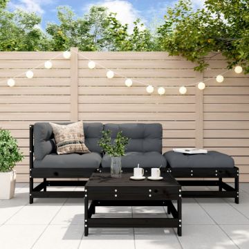 Set mobilier de grădină cu perne, 4 piese, negru, lemn masiv