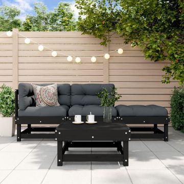 Set mobilier de grădină cu perne, 4 piese, negru, lemn masiv
