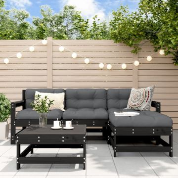 Set mobilier de grădină cu perne, 5 piese, negru, lemn masiv