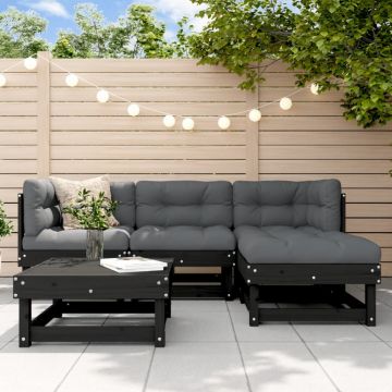 Set mobilier de grădină cu perne, 5 piese, negru, lemn masiv