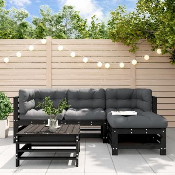 Set mobilier de grădină cu perne, 5 piese, negru, lemn masiv