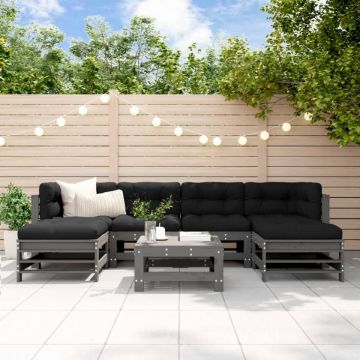 Set mobilier de grădină cu perne, 7 piese, gri, lemn masiv