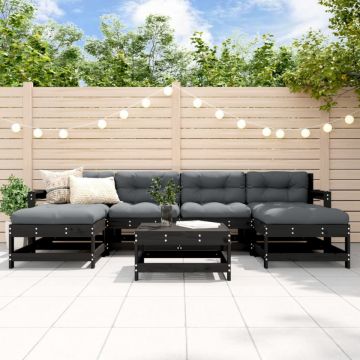 Set mobilier de grădină cu perne, 7 piese, negru, lemn masiv