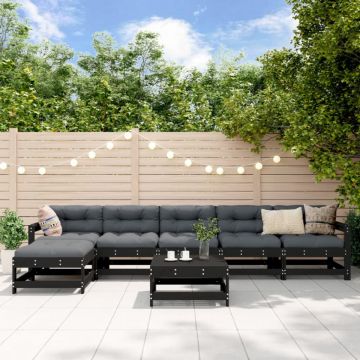 Set mobilier de grădină cu perne, 7 piese, negru, lemn masiv