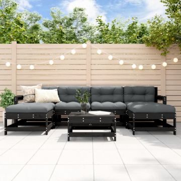 Set mobilier de grădină cu perne, 7 piese, negru, lemn masiv