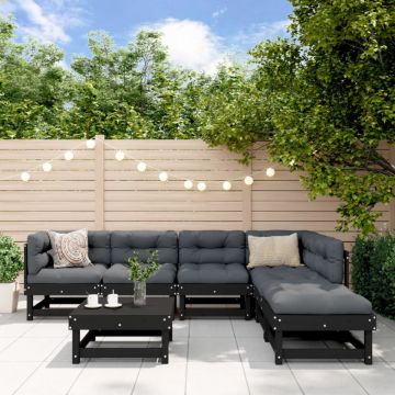 Set mobilier de grădină cu perne, 7 piese, negru, lemn masiv