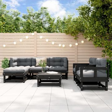 Set mobilier de grădină cu perne, 7 piese, negru, lemn masiv