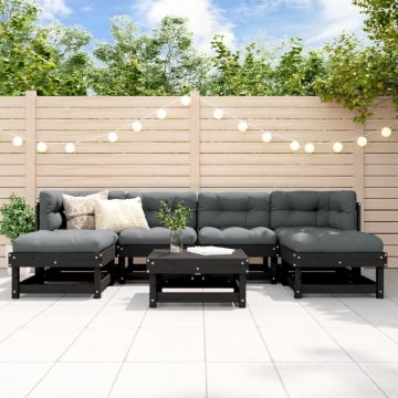 Set mobilier de grădină cu perne, 7 piese, negru, lemn masiv