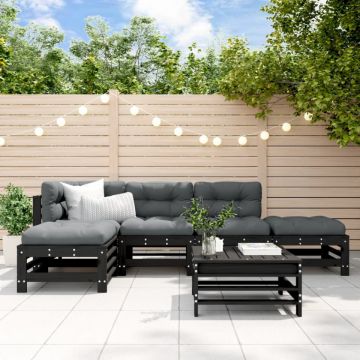 Set mobilier grădină cu perne, 6 piese, negru, lemn masiv