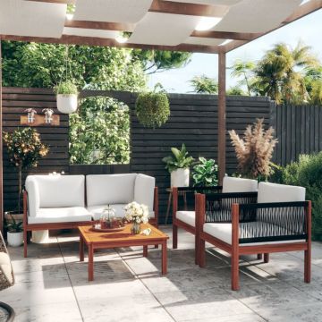 Set mobilier grădină cu perne, crem, 5 piese, lemn masiv acacia