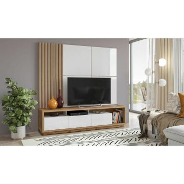Ansamblu TV Celine, 200x45x196 cm, Stejar Wotan/Alb Lucios