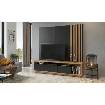 Ansamblu TV Celine, 200x45x196 cm, Stejar Wotan/Negru Mat