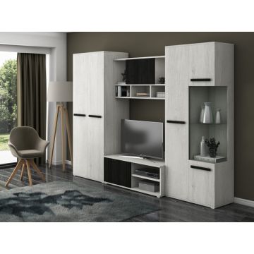 Bibliotecă living Paul, 280 cm, Alb Murdar / Pin Negru Norvegian
