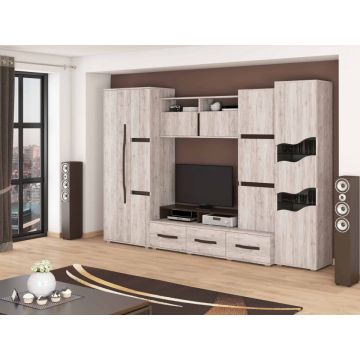 Bibliotecă living Sebastian, 300 cm, Alb Murdar / Negru