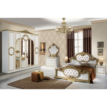 Dormitor Barocco Bianco, alb/auriu, pat 160x200 cm, dulap cu 6 usi, comoda, 2 noptiere