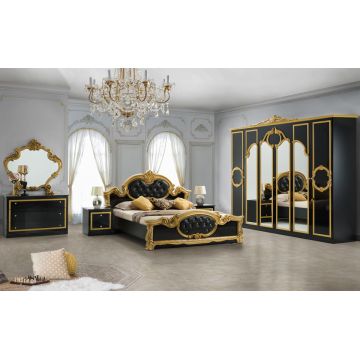 Dormitor Barocco Nero, negru/auriu, pat 160x200 cm, dulap cu 6 usi, comoda, 2 noptiere