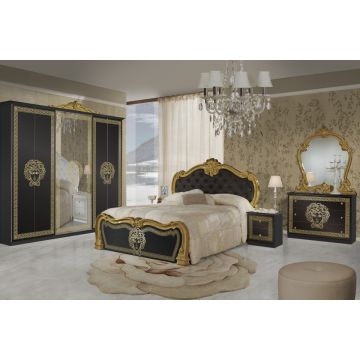 Dormitor Vilma Negru-Auriu, Dulap 261 cm, Pat 160x200 cm, 2 noptiere, comoda