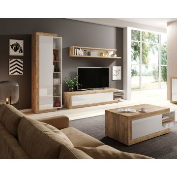 Mobila Living Sintra, 308x40x200 cm, Stejar Samdal/Alb Lucios