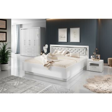 Set Dormitor ARNO, Dulap 4 Usi+3 Sertare, 199x61x214 cm, Pat, Noptiere, Alb/Alb Lucios-Silver