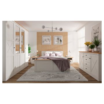 Set Dormitor Frija, Dulap 203x58x200 cm, Pat cu Somiera Rabatabila, Comoda 153x43.5x93 cm, Noptiere 58x43.5x48 cm, Pin Andersen/Stejar Artisan