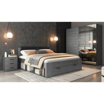 Set Dormitor Galaxy, Dulap Usi Culisante, Comoda, Noptiere, Pat cu Sertare, Stejar Carbon