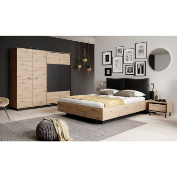 Set Dormitor Nest, Dulap Compartimentat, Pat cu Somiera Rabatabila si Tetiera Tapitata, Comoda cu 4 sertare, 2 Noptiere, Stejar Artisan/Antracite