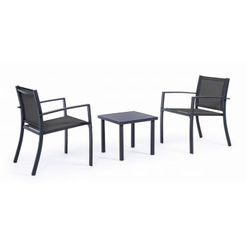 Set masa de cafea + 2 scaune pentru gradina / terasa, din sticla, material textil si metal, Auri Antracit, L45xl45xH38 cm