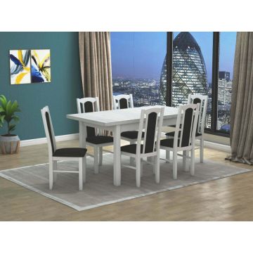 Set masa extensibila 120x150cm cu 6 scaune tapitate, MB-13 Max5 si S-37 Boss7 B22, alb, lemn masiv de fag, stofa