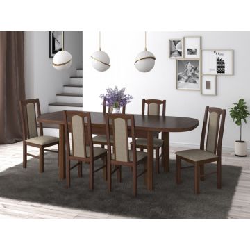 Set masa extensibila 160 x 200 cm cu 6 scaune tapitate, mb-12 venus 1 si s-37, nuc, lemn masiv de fag, stofa