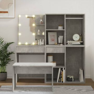 Set măsuță de toaletă cu LED, gri beton, lemn prelucrat