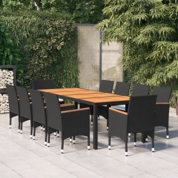 Set mobilier de grădină, 11 piese, negru, poliratan