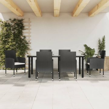 Set mobilier de grădină, 7 piese, negru, poliratan și oțel