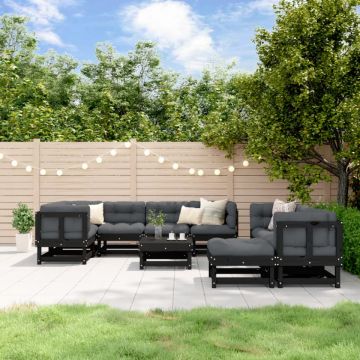 Set mobilier de grădină cu perne, 10 piese, negru, lemn masiv