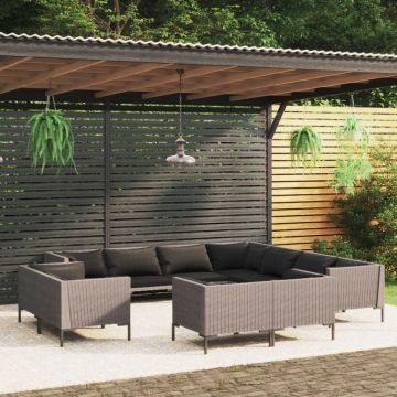Set mobilier de grădină cu perne,11 piese,gri închis, poliratan