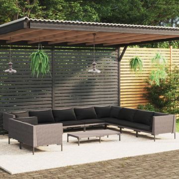 Set mobilier de grădină cu perne,11 piese,gri închis, poliratan