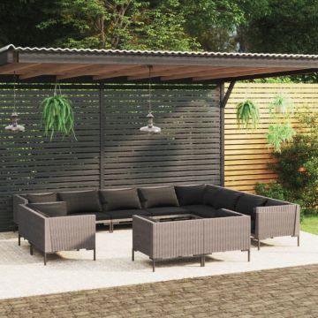 Set mobilier de grădină cu perne 12 piese gri închis poliratan